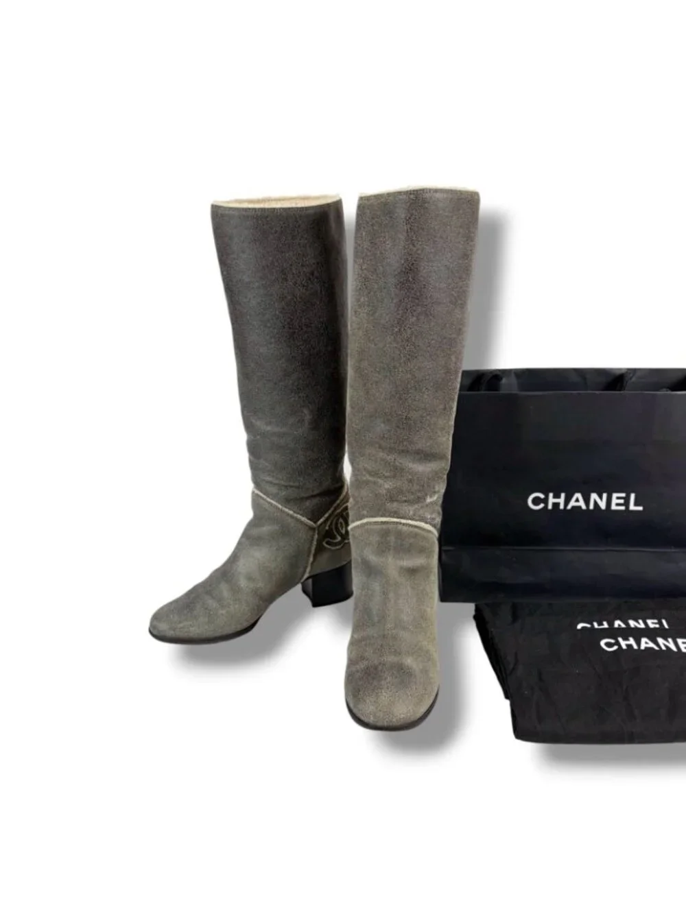 Chanel One Point CC Logo Shearling Long Boots Knee Length Gray 37c